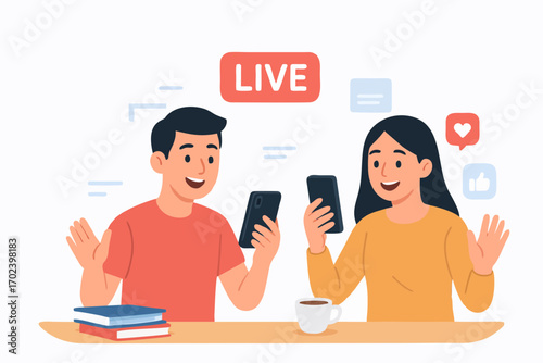 Couple live streaming together with smartphone and social media reactions.