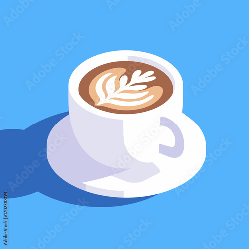 Isometric Coffee Cup with Latte Art on Blue Background, Minimalist Style Illustration