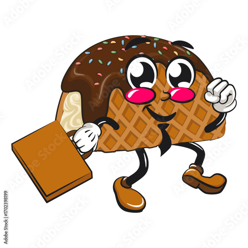 cute choco taco ice cream mascot character vector illustration wearing a tie and carrying a suitcase rushing to the office, work of hand drawn