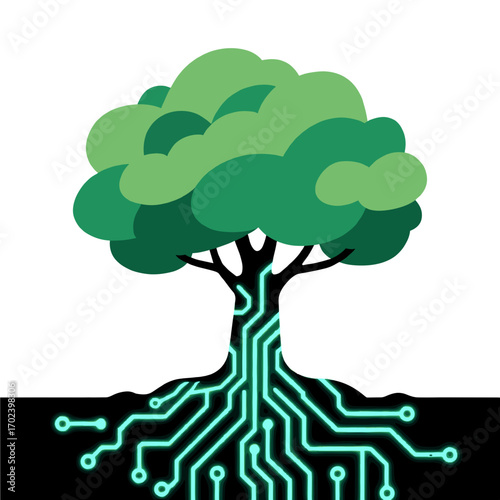 Digital Tree with Circuit Board Roots: A Conceptual Illustration of Technology and Nature