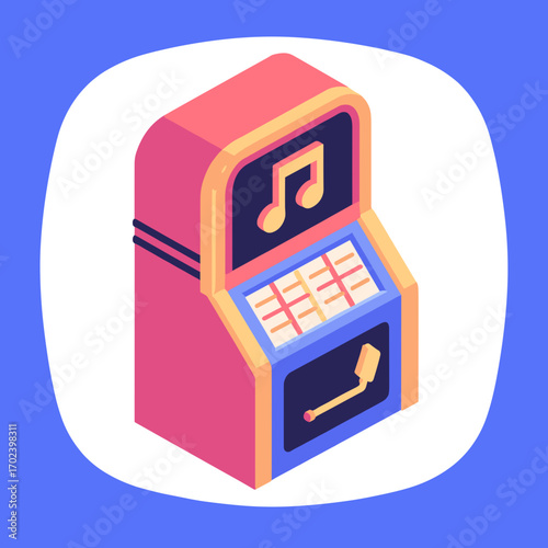 Isometric Jukebox Illustration with Retro Design and Musical Note, Nostalgic Entertainment Machine