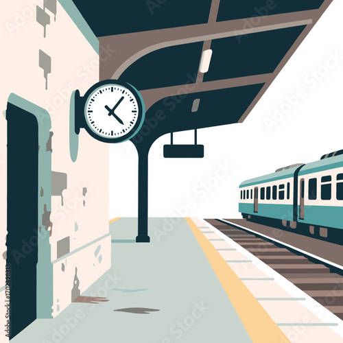 Stylized Train Station Platform with Clock and Approaching Train Illustration in Flat Design