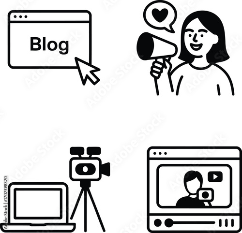 Four Visual Elements Illustrating Blogging, Online Engagement, Videography, and Streaming, Each Symbolizing Aspects of Content Creation and Digital Media Interaction
