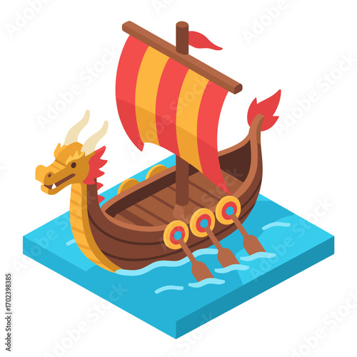 Isometric Viking Longship with Dragon Head and Striped Sail Floating on Blue Water Illustration