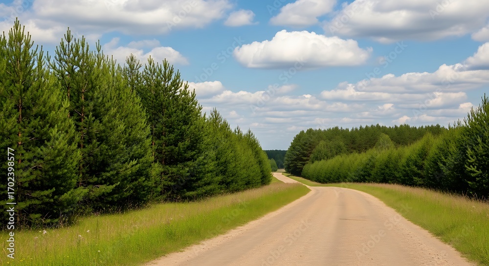 Fototapeta premium Scenic Road Through Lush Green Forest Under a Cloudy Sky.