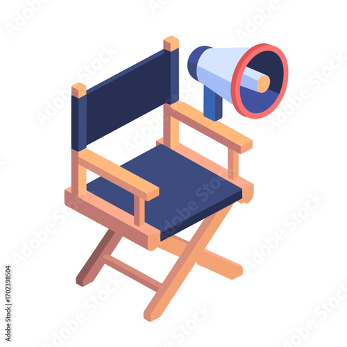 Isometric Illustration of Director's Chair with Megaphone, Representing Film Production and Communication in the Entertainment Industry