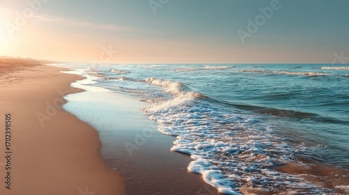 Empty Beach at Sunset with Calm Waves – Minimalist Nature Background for Design and Web