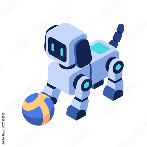 Isometric Robot Dog Playing with a Ball, Modern Technology Pet Companion Illustration
