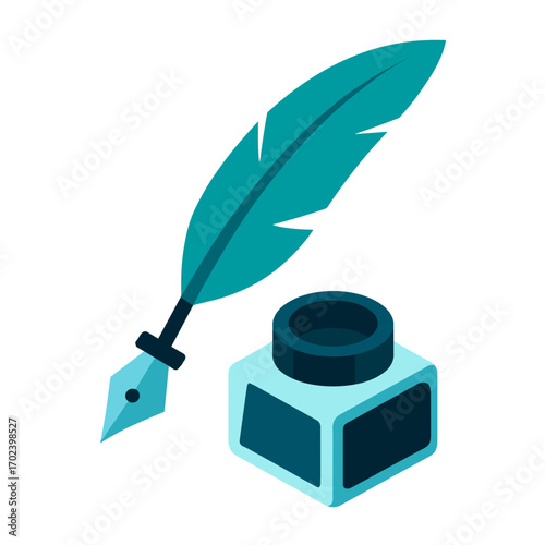 Illustration of a Teal Feather Quill Pen and Inkwell, Representing Writing and Creativity