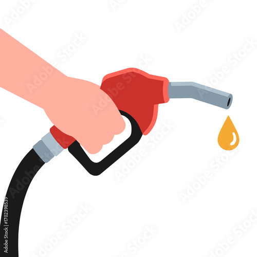 Illustration of a Hand Holding a Red Gas Pump Nozzle with a Dripping Drop of Fuel