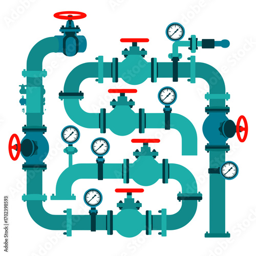 Illustration of various pipes and valves with pressure gauges in a flat design style