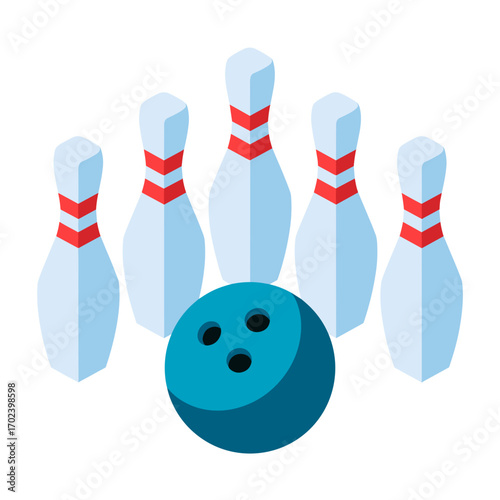 Isometric Bowling Pins and Blue Bowling Ball Ready for a Strike, Vector Illustration