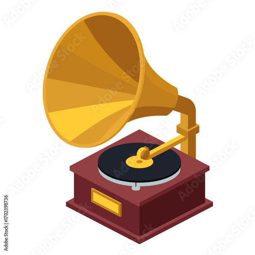 Isometric Illustration of a Vintage Gramophone with Golden Horn and Wooden Base for Music Playback