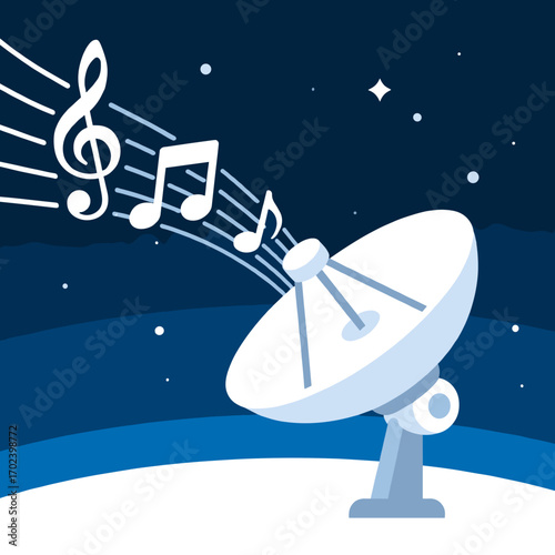 Satellite Dish Receiving Musical Signals from Space in a Night Sky Illustration
