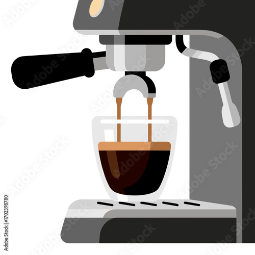 Espresso Machine Brewing Coffee into a Glass Cup, Flat Vector Illustration Style