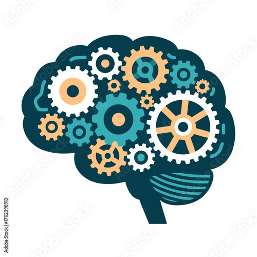 Brain Gears Mechanism Illustration: Cognitive Function, Problem Solving, and Mental Processes Depicted with Interlocking Cogs