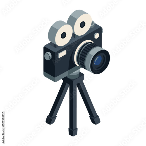 Isometric Illustration of a Vintage Movie Camera on a Tripod Stand, Film Production Equipment