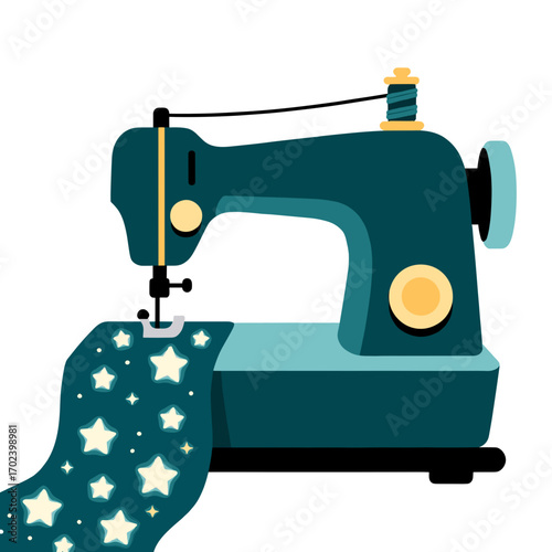 Illustration of a Sewing Machine with Star Pattern Fabric, Crafting and Tailoring Concept