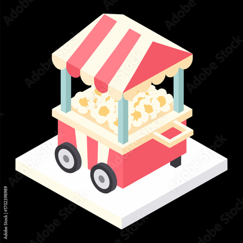 Isometric Popcorn Stand Illustration with Red and White Stripes, a Classic Concession Cart Design