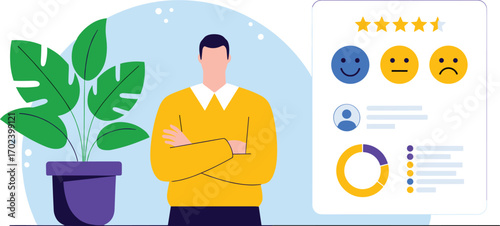 User feedback vector illustration, customer satisfaction rating system, emoticons and charts, flat design, black yellow white, cartoon style