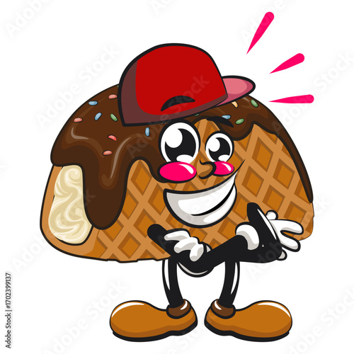 cute choco taco ice cream mascot character vector illustration in cool hip-hop style, work of hand drawn