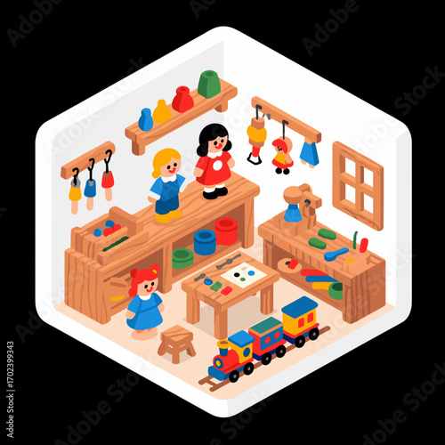 Isometric View of a Playroom with Wooden Toys, Dolls, and Furniture Illustration