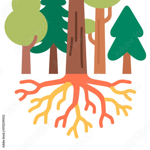 Flat Design Illustration of Trees with Visible Root Systems, Representing Interconnectedness and Growth