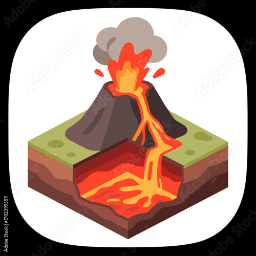 Volcano Eruption Isometric Illustration with Lava Flowing Down the Mountain and Smoke Plume