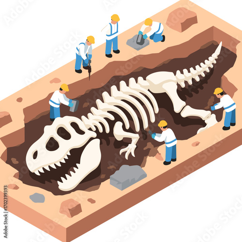 Isometric Illustration of Paleontologists Excavating a Tyrannosaurus Rex Fossil Skeleton from a Dig Site