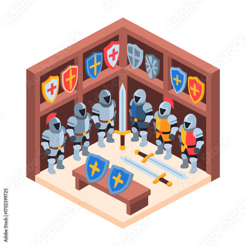 Isometric Knights Armor Display with Swords and Shields in a Museum or Armory Illustration