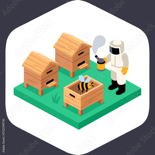 Isometric Beekeeper Smoker and Beehives Illustration: A Honey Harvesting Scene in a Vector Style