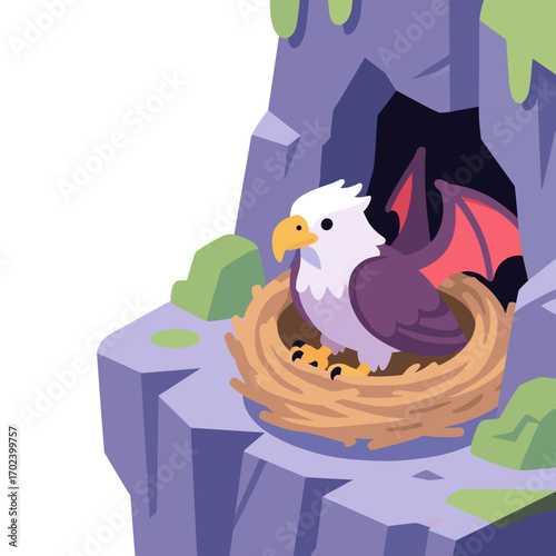 Cartoon Griffin in a Nest Inside a Cave Illustration with Simple Shapes and Flat Design