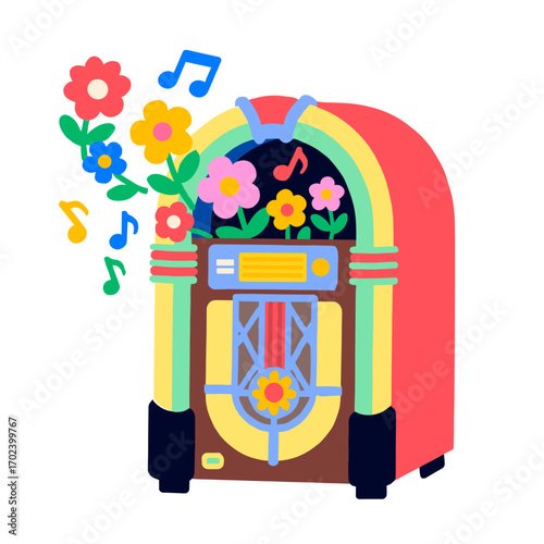 Colorful Jukebox with Flowers and Music Notes Illustration, Retro Style Design