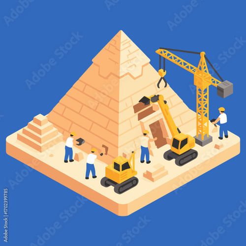 Isometric Illustration of Great Pyramid of Giza Construction with Workers and Cranes, Ancient Egyptian Architecture