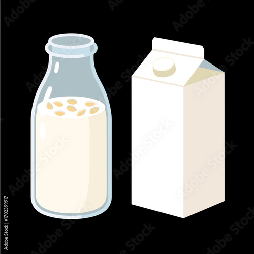 Illustration of a Glass Milk Bottle and a Carton of Milk on a Black Background