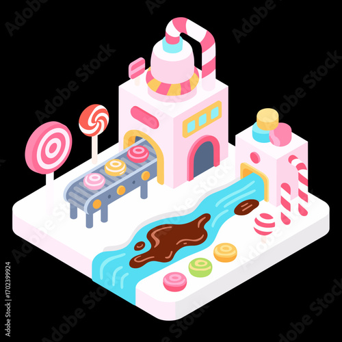 Isometric Candy Factory Illustration with Chocolate River and Pink and White Striped Accents