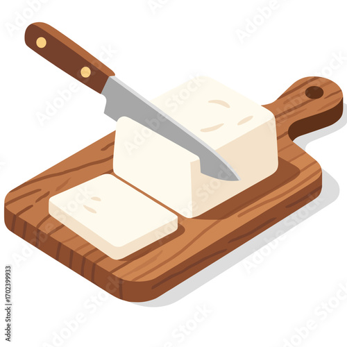 Isometric Illustration of Tofu Being Sliced on a Wooden Cutting Board with a Knife