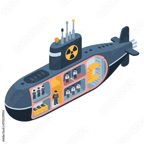 Detailed Isometric Illustration of a Nuclear Submarine Cutaway with Crew Members and Internal Compartments