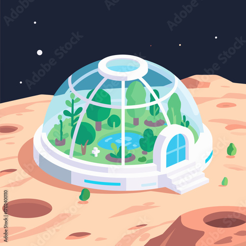 Futuristic Biodome on Mars with Lush Greenery and a Small Pond, a Vision of Space Colonization