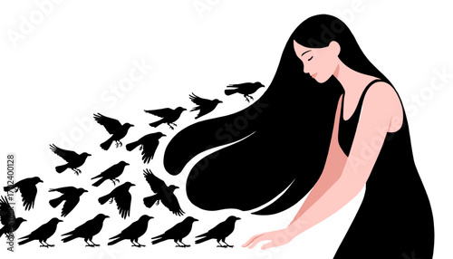 Woman with Flowing Hair Transforming into Birds, Conceptual Illustration of Freedom and Transformation