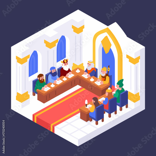 Isometric Illustration of a Medieval Royal Court Meeting with King, Queen, and Advisors in a Castle Hall