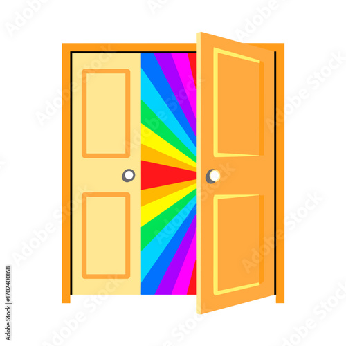 Open Doorway with Rainbow Light Shining Through, Representing Opportunity and Acceptance in a Colorful Illustration