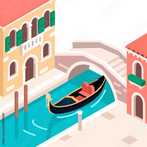 Isometric View of a Gondola Passing Under a Bridge in Venice, Italy, with Colorful Buildings