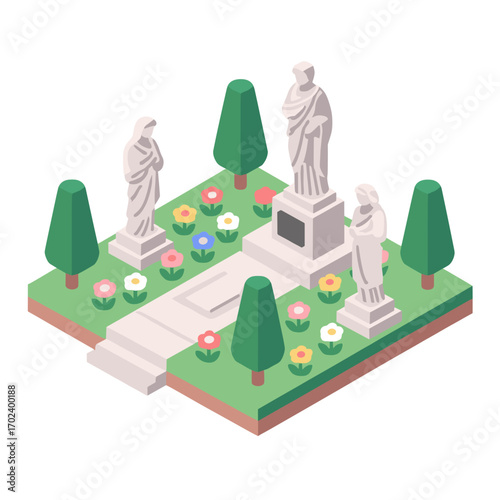 Isometric Garden Scene with Statues, Trees, and Flowers in a Peaceful Setting, Detailed Illustration