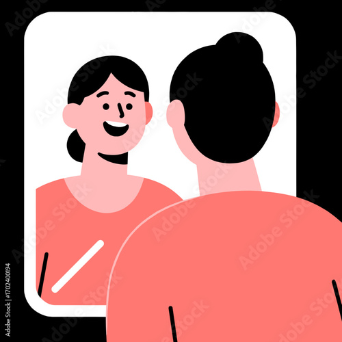 Woman Looking at Herself in the Mirror with a Happy Expression, Flat Vector Illustration