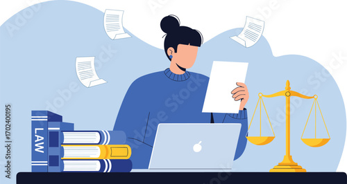 Legal workspace vector illustration, person with laptop and law books, justice scale and flying documents, flat design, black yellow white