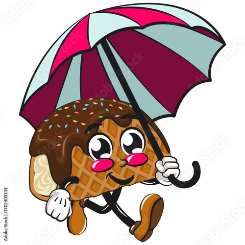 cute choco taco ice cream mascot character vector illustration walking with an umbrella, work of hand drawn