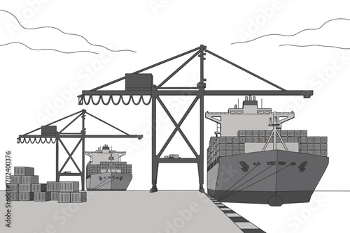 Illustration of a bustling port with large cargo ships and industrial cranes, symbolizing global trade, international logistics, and efficient maritime transport.