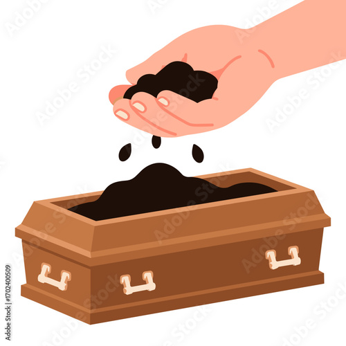 Illustration of a Hand Spreading Ashes into an Open Coffin, Representing Death and Remembrance