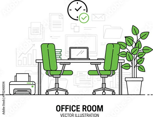 Office room vector illustration, workplace setup, desk with laptop, chairs, books, printer, plant, time management, flat design, black yellow white